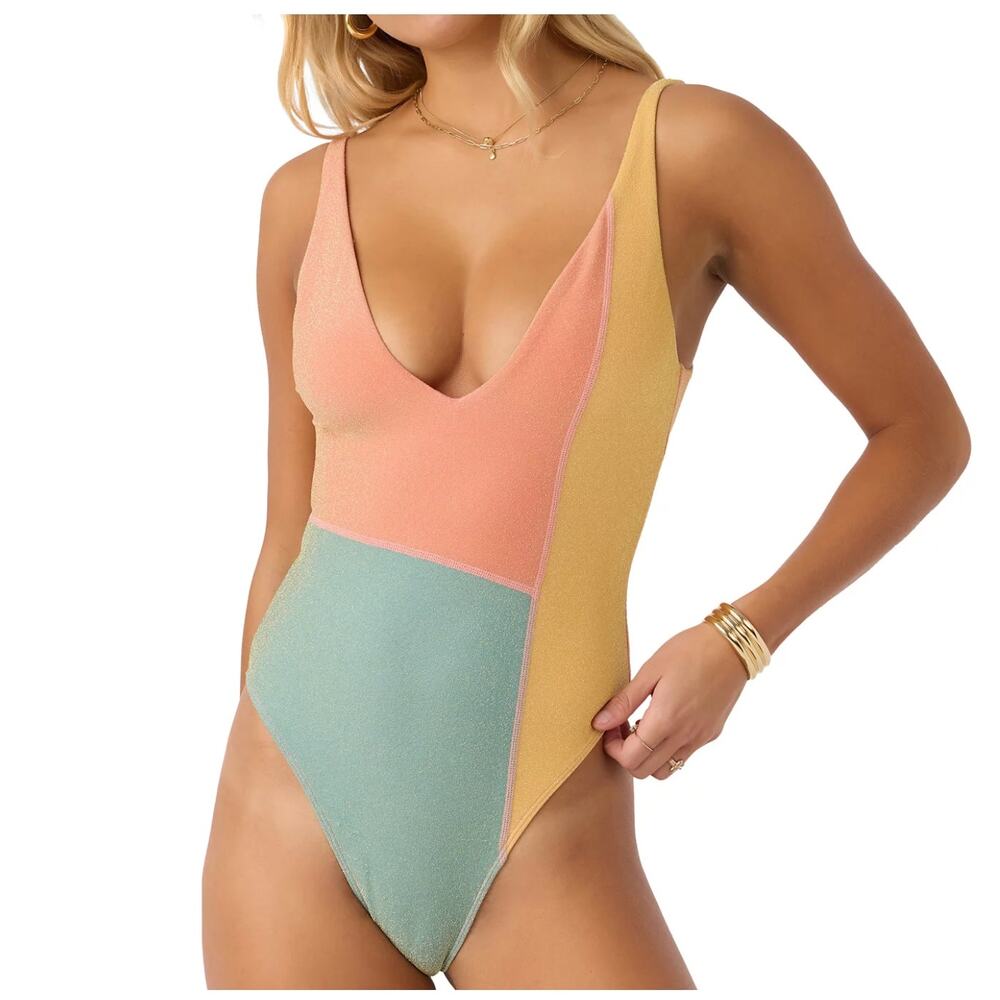 O’Neill One Piece Swimsuit Size XL Metallic Colorblock V Neck Cheeky Shimmer NWT